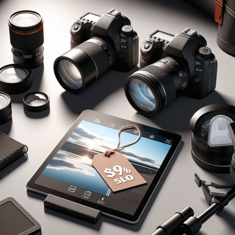 מצלמת DSLR מודרנית עם תג מחיר מוזל, לצד אביזרי צילום מקצועיים וברקע טאבלט המציג צילום איכותי, מסמלים צלם זול ואיכותי