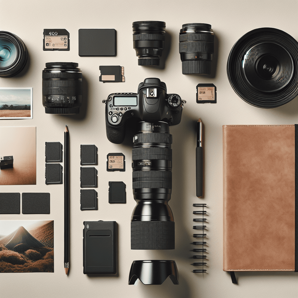 ציוד צילום סטילס מקצועי – מצלמת DSLR, עדשות, כרטיסי זיכרון ודוגמאות תמונות-סטילס מודפסות הממחישות אמנות צילום בסגנון מודרני, בהשראת מיכאל הצלם