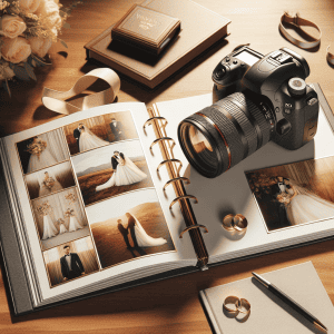 מצלמת DSLR מקצועית, אלבום תמונות חתונה פתוח וטבעות נישואין מסודרים על שולחן עץ – המחשה לבחירת צלם לחתונה ולשמירה על זיכרונות בלתי נשכחים